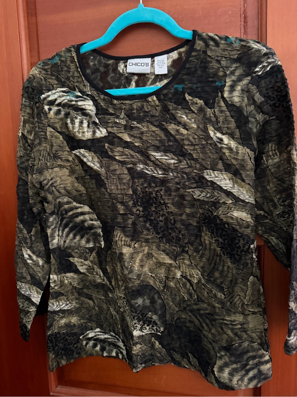 Chico's Olive, Black & Cream Textured Long Sleeve Top